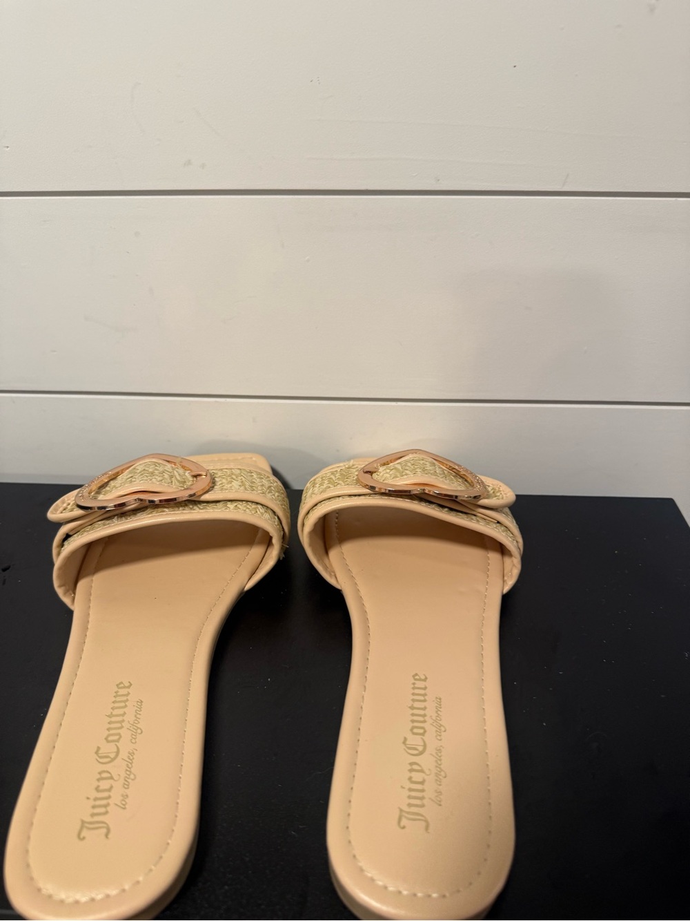 Juicy Couture Nude Beige Slide Mules with Gold Accent Buckles